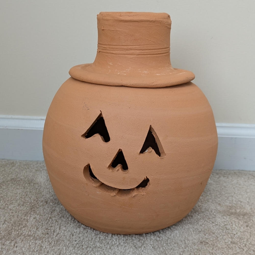 Vintage Hewell's Pottery Terracotta Round Jack-O-Lantern